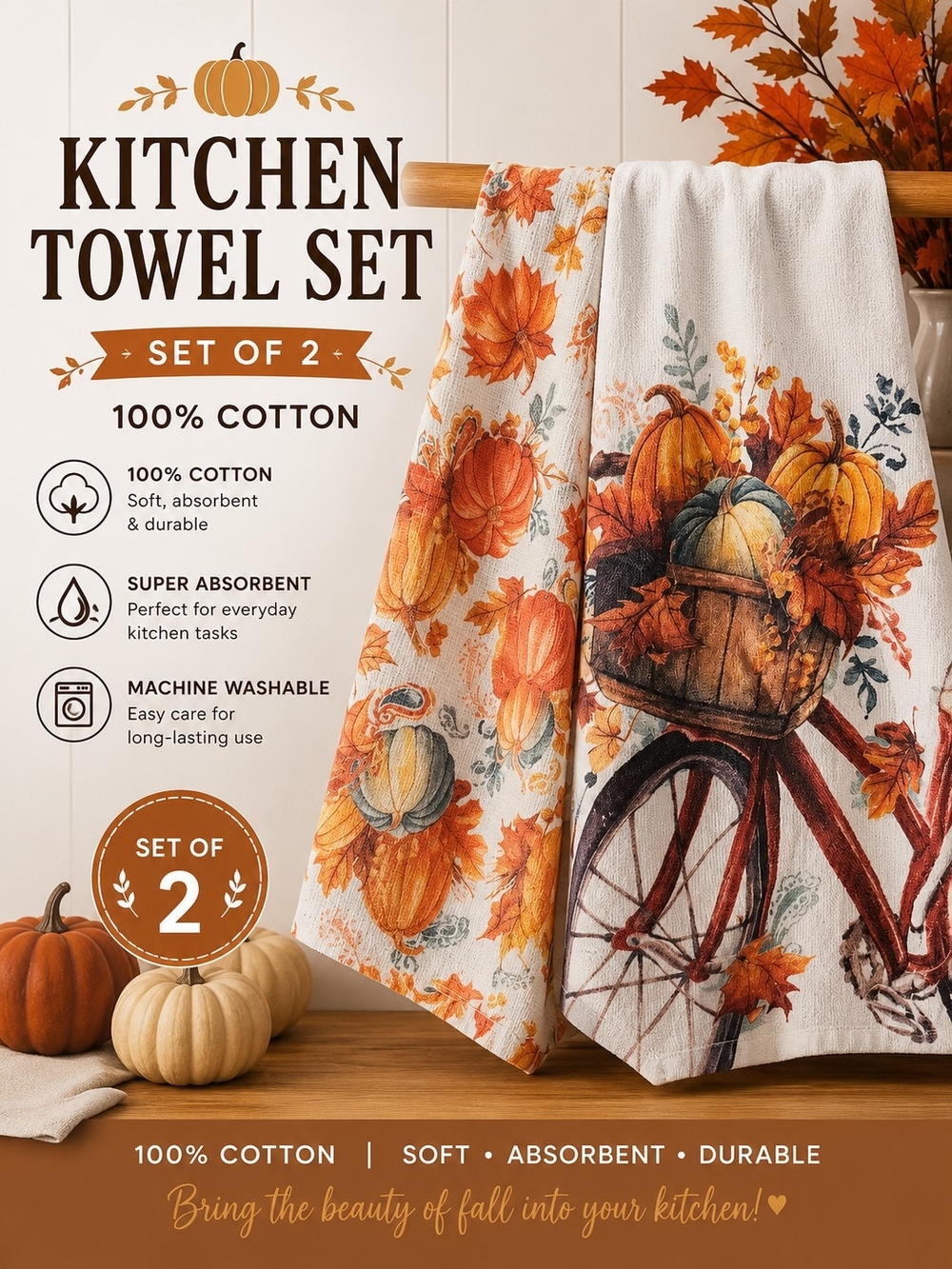 Autumn Pumpkin Kitchen Towel Set - 2 Pack, Cotton, Orange/White